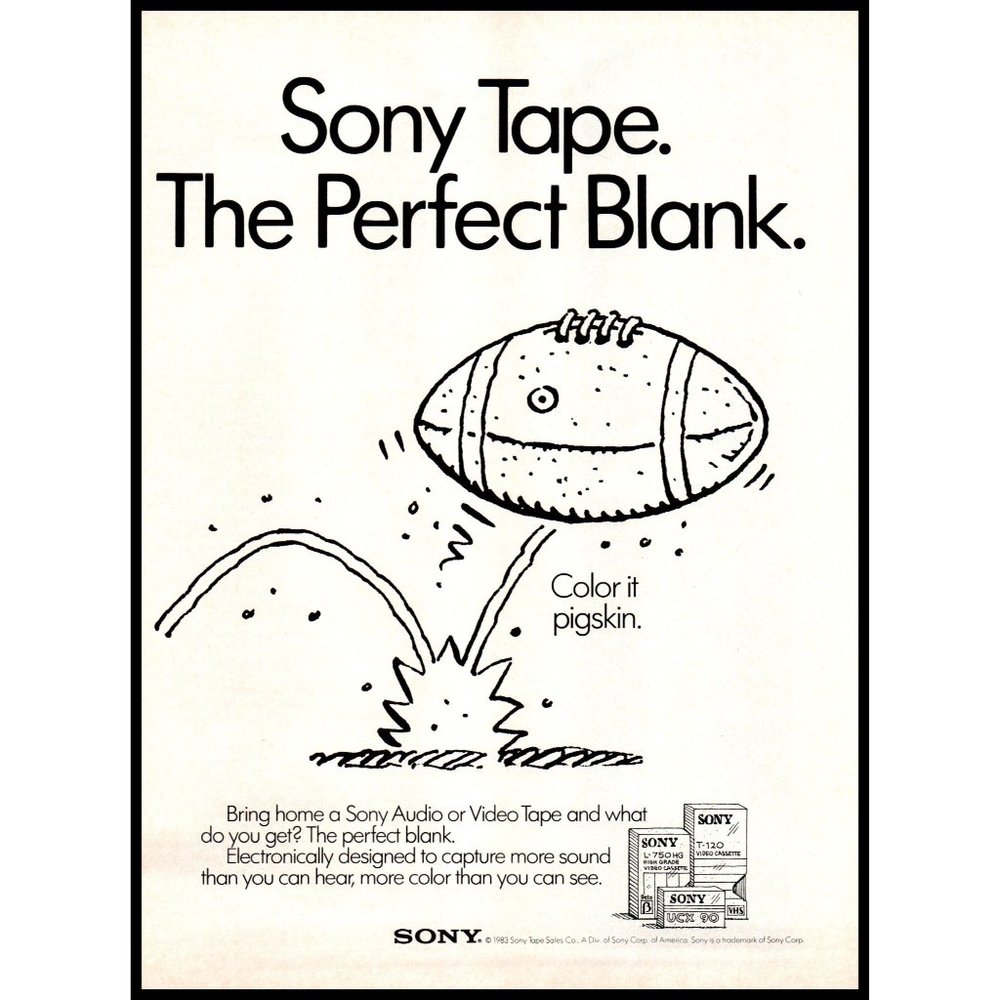 1983 Sony The Perfect Blank Tape Vintage Print Ad Football Cartoon Wall Art